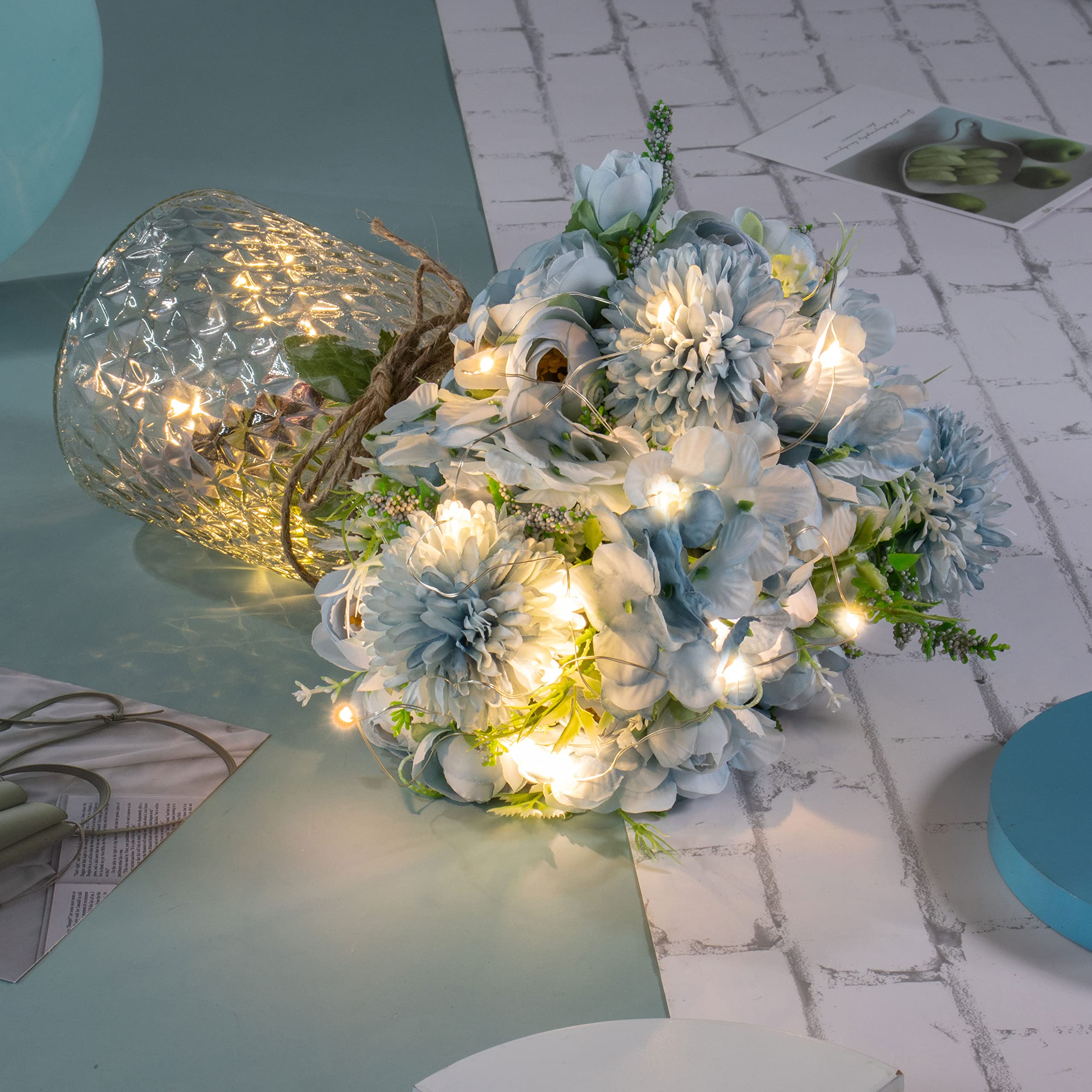 Flores de rosas azules artificiales LED con jarrón de cristal, luz LED con control remoto, arreglo floral para centro de mesa, decoración de boda en casa y oficina 6