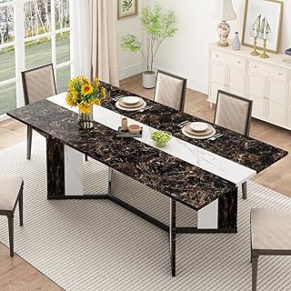 71 inch Dining Table for 4 5 6 | Modern Black Rectangular Kitchen Table W/Waterproof Wood Tabletop,Farmhouse Long Dining Room Tables W/Adjustable Legs&Wood Strip Base for Kitchen Living Room