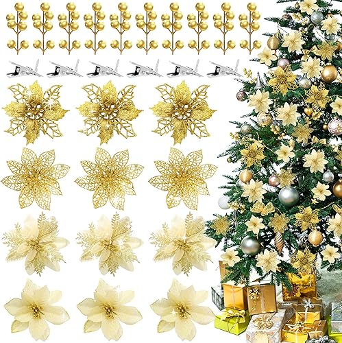 40 piezas de flores de pascua con purpurina de 5.5 pulgadas, púas de bayas artificiales, adornos de árbol de Navidad, flores artificiales de Navidad