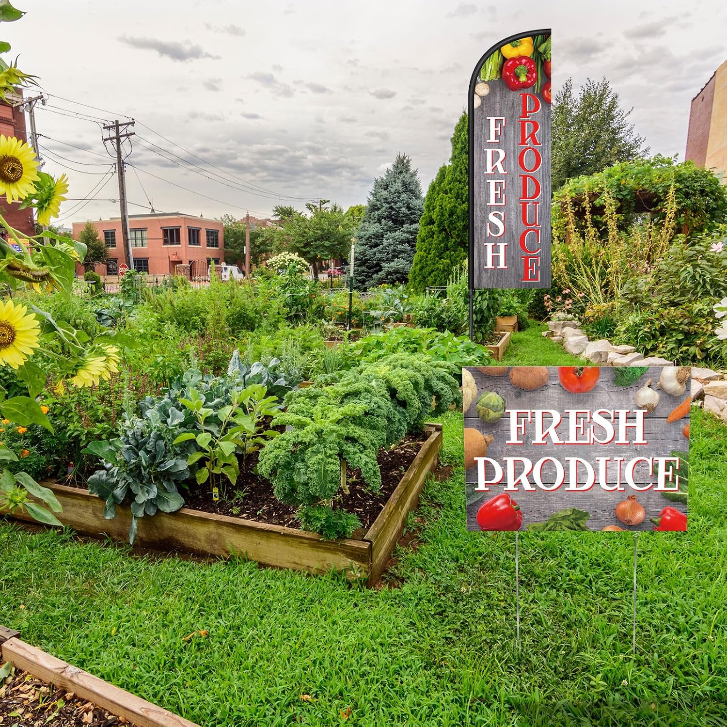 4 Pack Fresh Produce Advertising Sign Farmers Market Sign Include 3 Fresh Produce Yard Sign, 1 Fresh Produce Feather Flag 7 ft with Pole and Ground Stake for Vegetable Business Outdoors