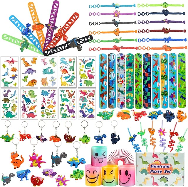 Chennyfun 74 PCS Dinosaur Party Bag Fillers for Kids Stocking Filler Toy Assortment With Rainbow Springs, Slap Bands, Keychains, Temporary Tattoos Birthday Balloon Party Favours Toys Gifts for Kids
