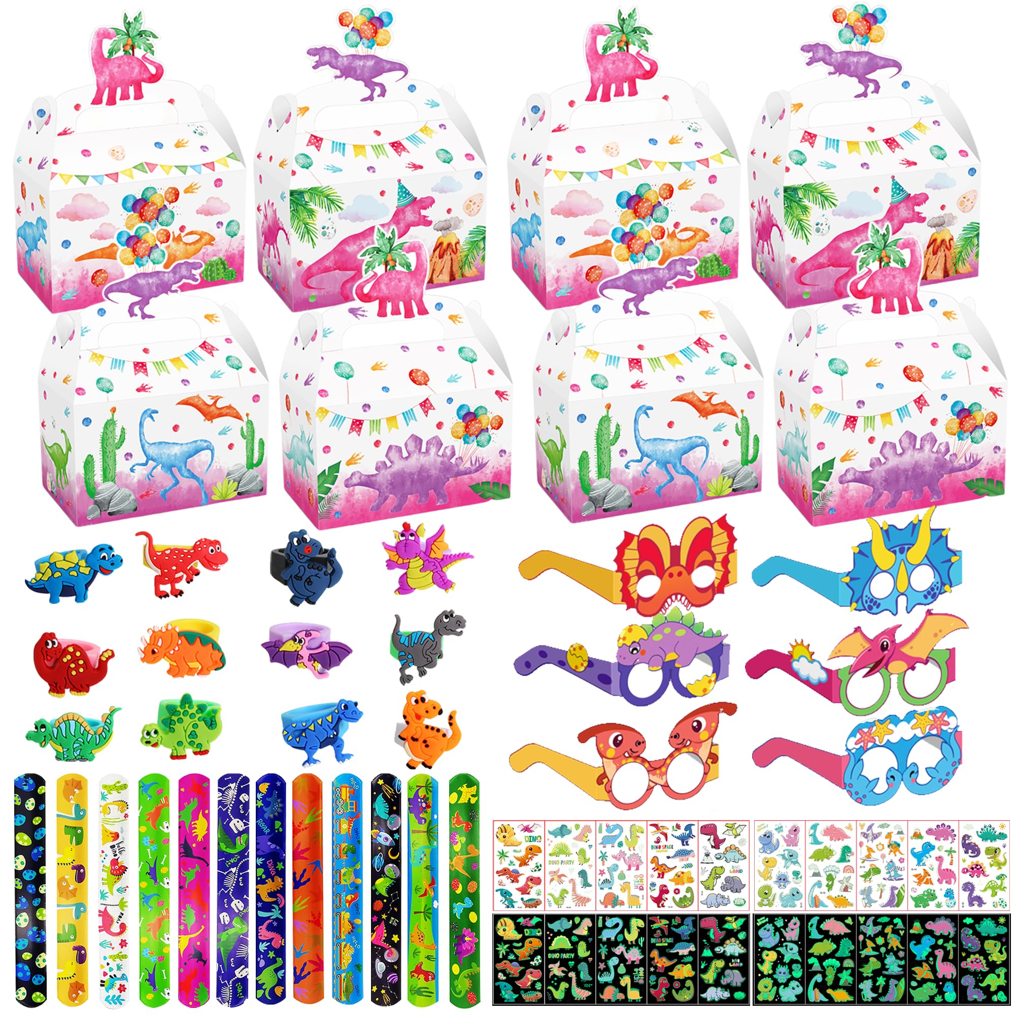 Wylario Dinosaur Party Bags Fillers Kids - 58Pcs Dino Birthday Party Favours Set with Slap Bracelets, Cute Glasses Ring and Tattoo Decorations for Boys Girls Birthday Parties Supplies(Pink)
