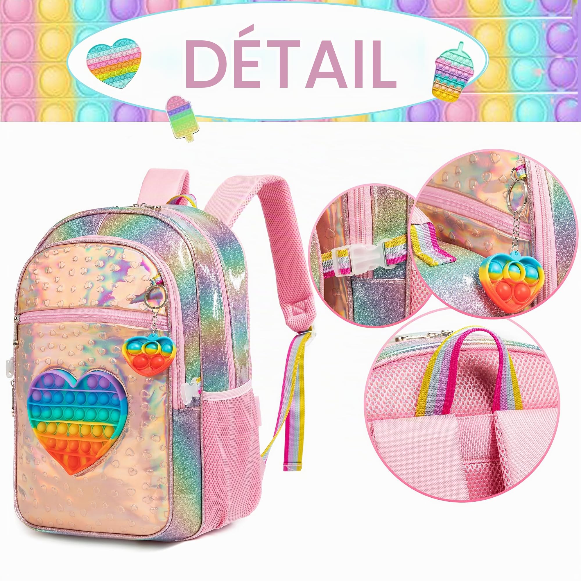 HTgroce Cartable Fille Primaire Cartable Licorne Sac à Dos Filles Enfants Elementaire Sacs Scolaires de 3 Pieces avec Sacs à Lunch et Trousse pour CP