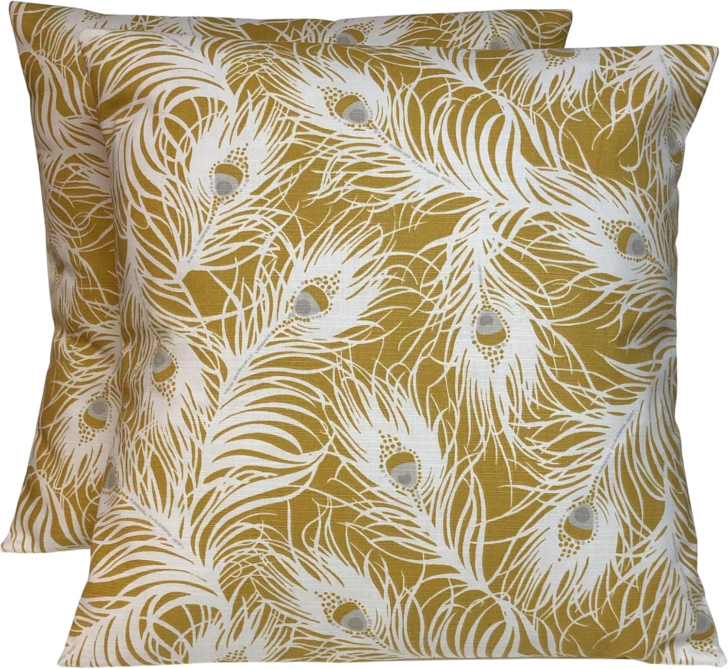 2 x 18” 45cm x 45cm Harper Peacock Feather Ochre Yellow Grey Cream