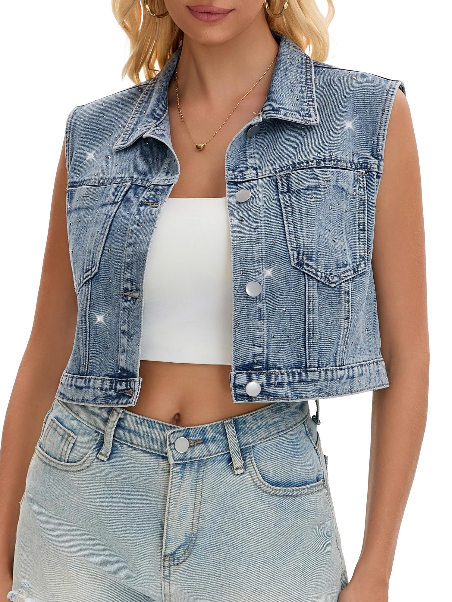 Gilet en Jean Femme Veste sans Manches Boutonnée Ornée de Strass Blouson Court en Denim Délavés