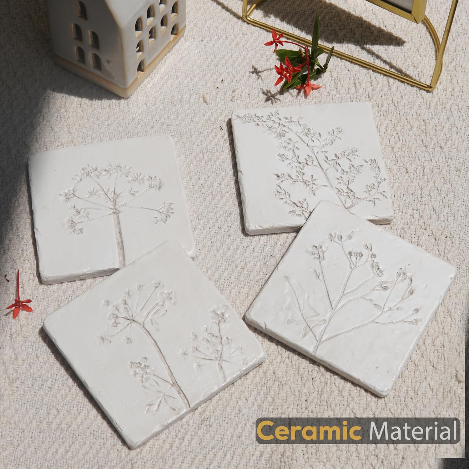 Ceramic Coasters Set of 4 – White Vintage Engraved Flower Design, Non-Slip Cork Base Coasters for Coffee Table, Bar & Home Decor