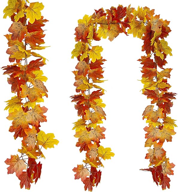 ADORAMOUR Artificial Autumn Maple Leaf Garlands Fall Leaves Decorations Aesthetic Room Decor for Indoor Outdoor Party Thanksgiving Chrismas Halloween ( 2Pack )