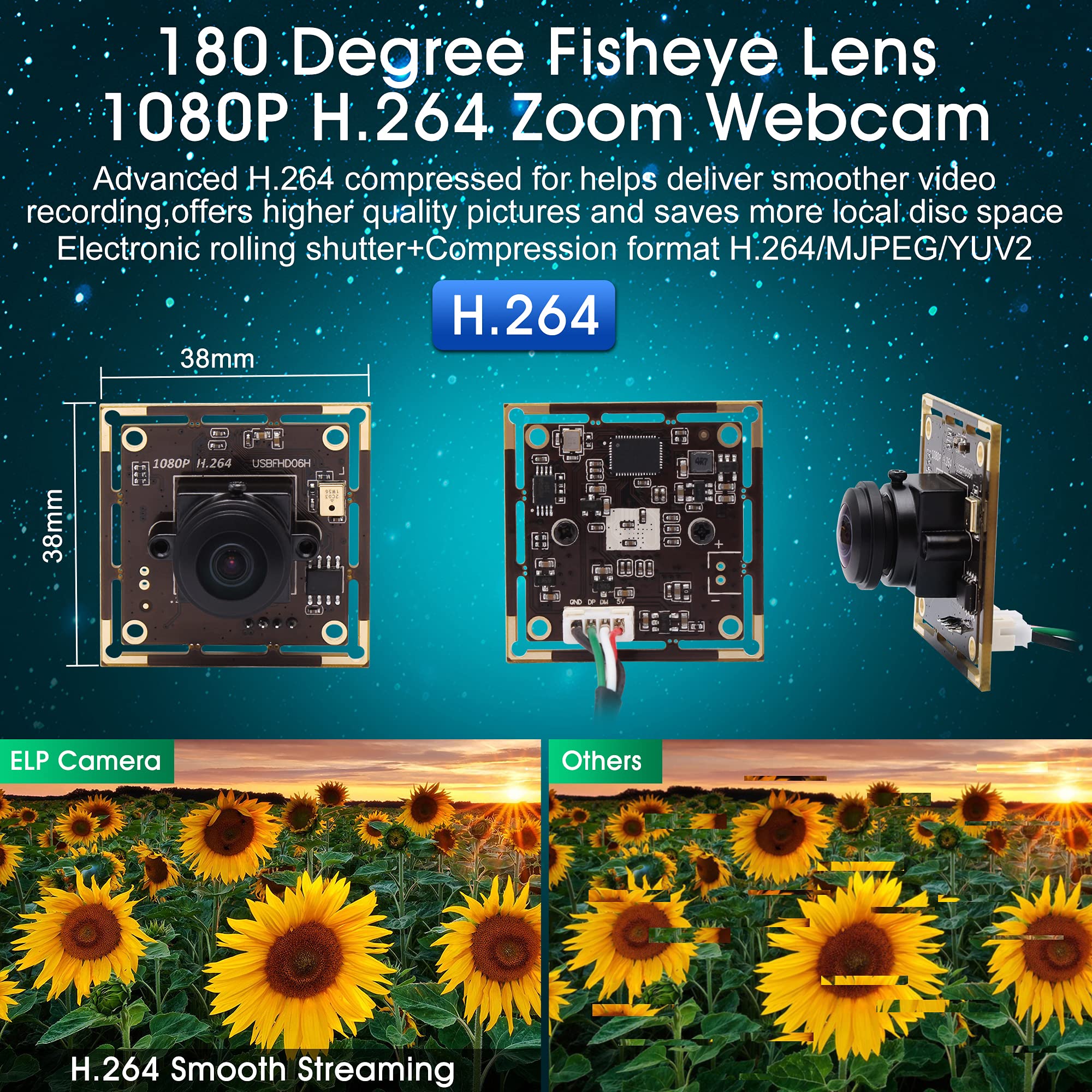 ELP Cámara web de 1080P con micrófono, sensor IMX323, módulo de cámara USB Full HD H.264, Plug and Play, cámara web de 2 megapíxeles 30FPS gran angular de baja iluminación USBFHD06H-L180