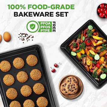 Nutrichef Baking Pans Set - 2-Pack Non-Stick Cookie Sheet Bakeware, Durable Food-Grade Metal, Easy-to-Clean Oven Trays, Dishwasher Safe, Stain-Resistant, Fits Toaster & Convection Ovens (Black)
