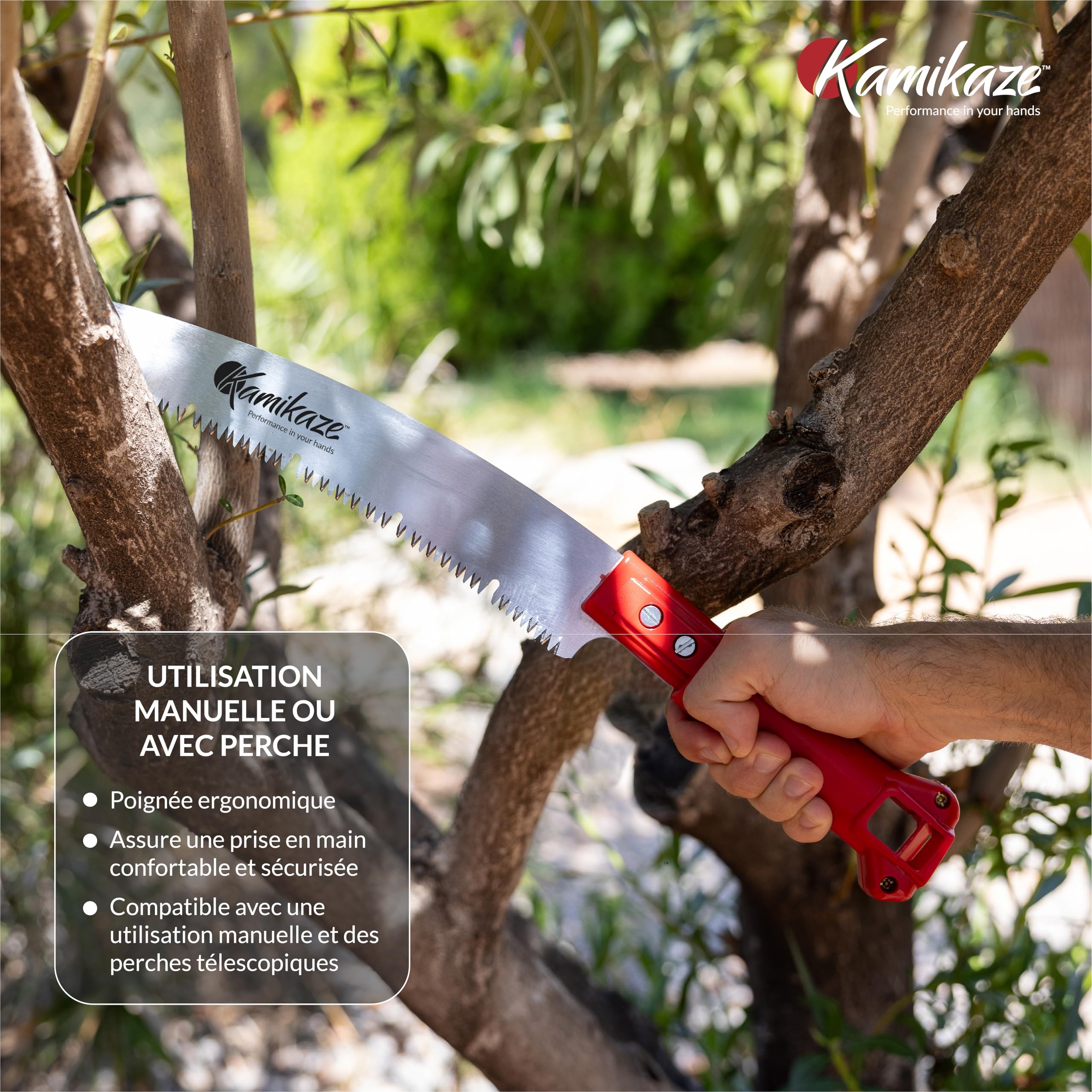 KAMIKAZE Scie multi-tool MT-330 Lame incurvée de 33 cm Coupe japonaise Manche en polyamide rouge Idéal pour l'élagage des branches et l'aménagement paysager