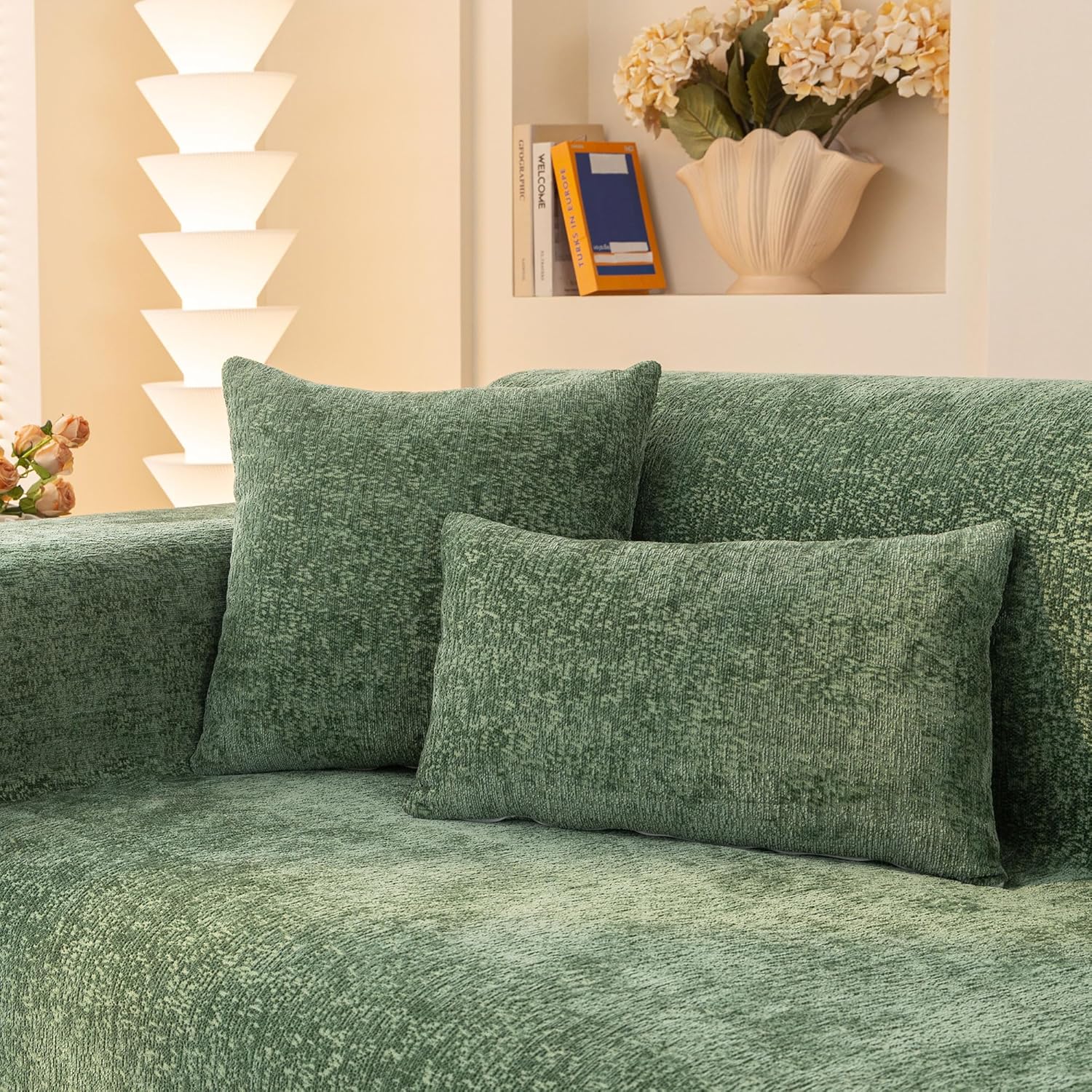 AMWAN Large Universal 3 Cushions Green Sofa Cover Slub Chenille Aesthetic Couch Cover for Living Room Durable Slipcover for Dogs,Cats,L Shaped Sofa,Multifunctional Furniture Cover, 71"x150"