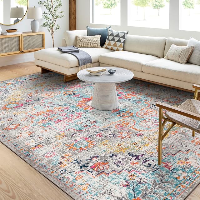 Surya Asmara Vintage Rug - Area Rugs Living Room, Hallway Floor, Kitchen, Traditional Multicoloured Boho Rug, Easy Care Pile, Bohemian Large Rug 200x274cm Grey and Orange Rug