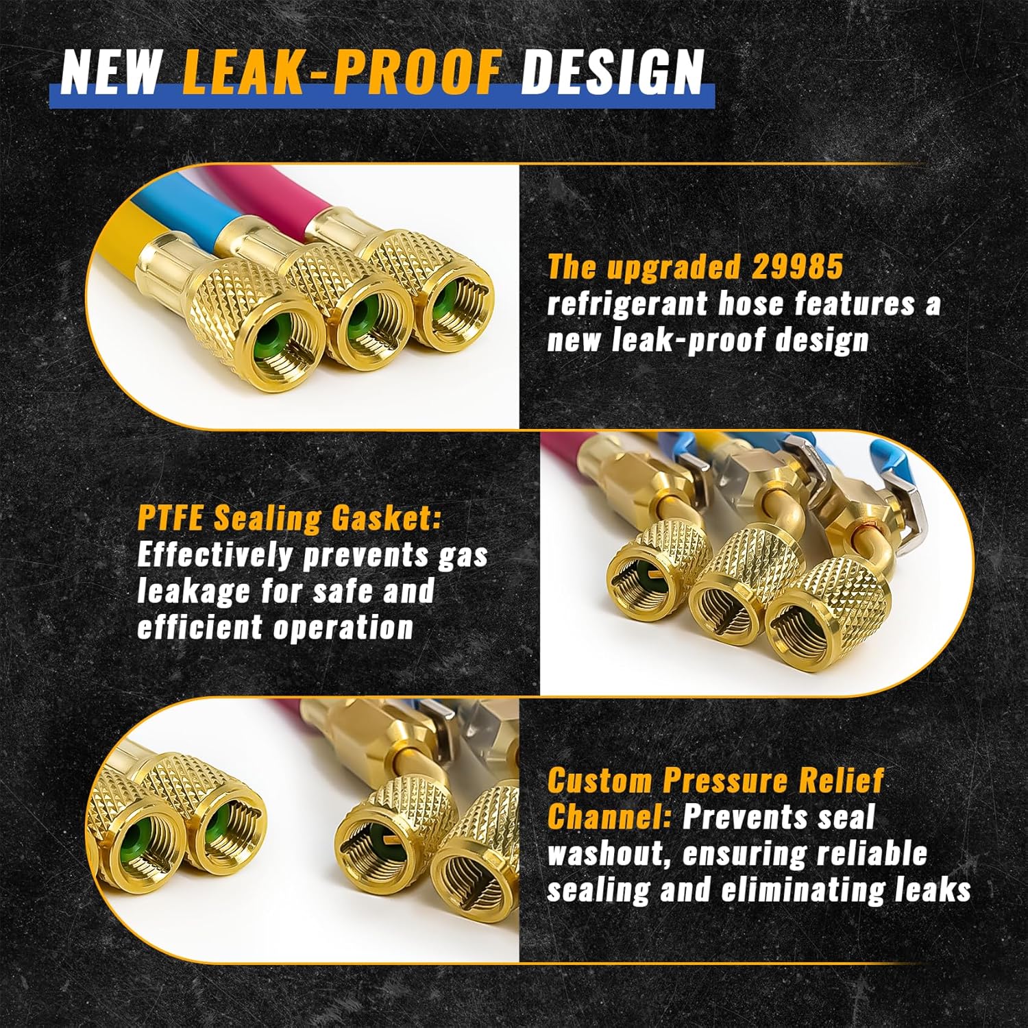 2026 New 29985 Plus II 1/4"HVAC Hoses, 60" (5FT), Custom Pressure Relief Groove, R-410A Conversion Adapter, Compact Ball Valve Refrigerant Hoses for R-22/R-410A/R-134A, 3 Pcs