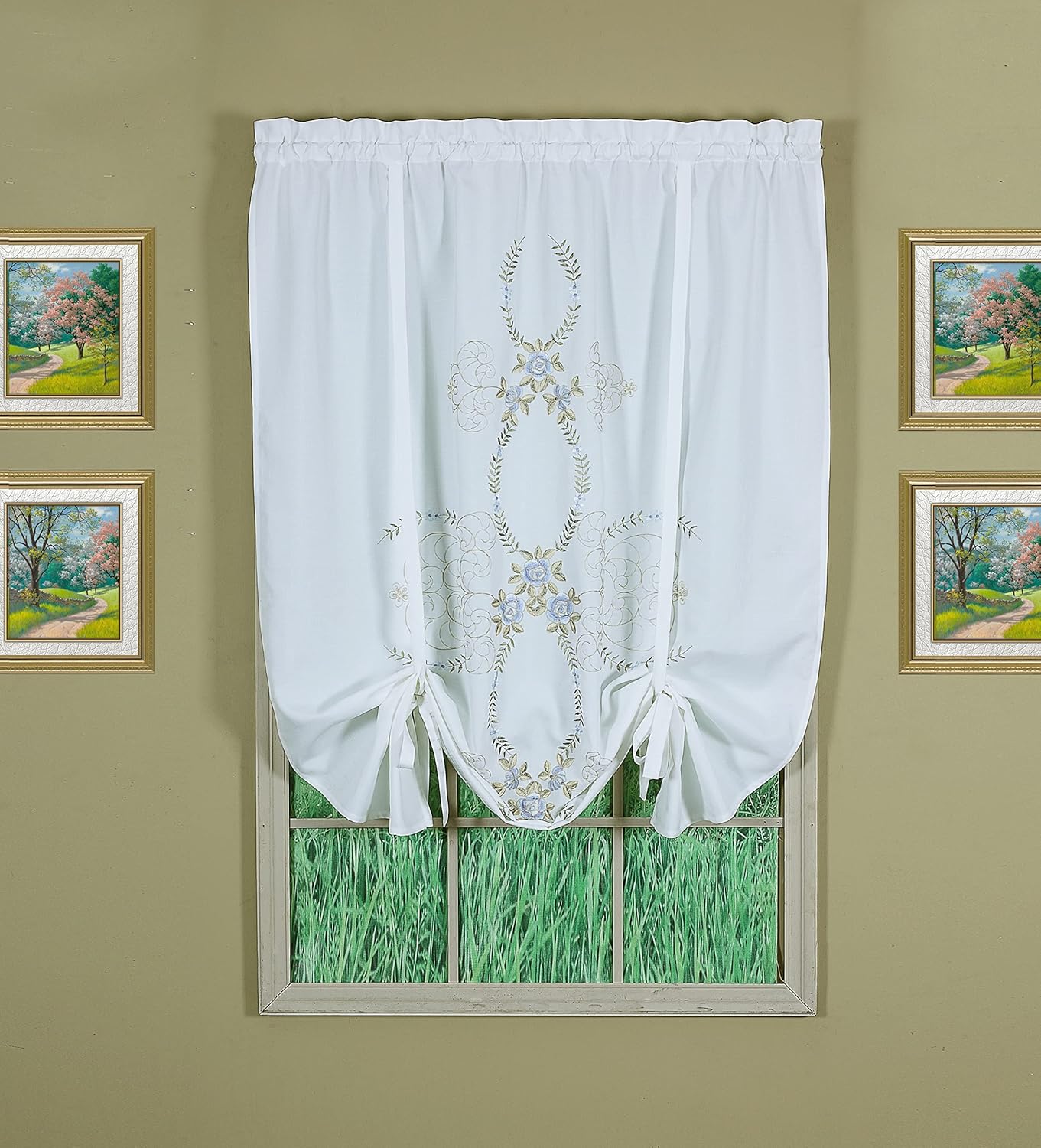 Today's Curtain Verona Reverse Embroidery Tie-Up Shade, 63", White/Blue, 50" W X 63" L