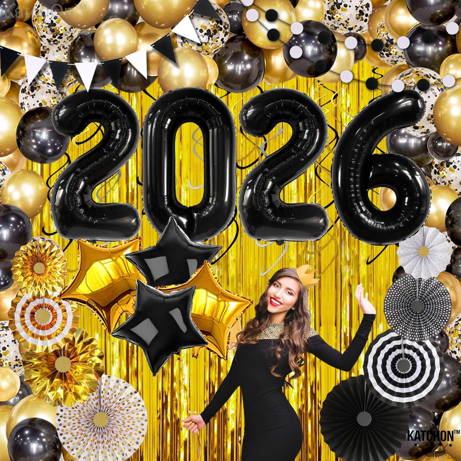 Katchon, New Years Eve Party Supplies 2026 - Huge, Pack of 115 | Happy New Year 2026 Balloons Arch Kit | Gold Fringe Backdrop Curtain, New Year Balloons | New Years Decorations 2026, Nye Decorations