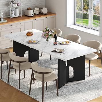 86.6" Modern Dining Table for 6-10 People,Long Kitchen Tables with Wooden Black V Shaped Frame Legs,Rectangular Dinner Table with Imitation Marble Tabletop for Kitchen, Dining RoomOnly Table
