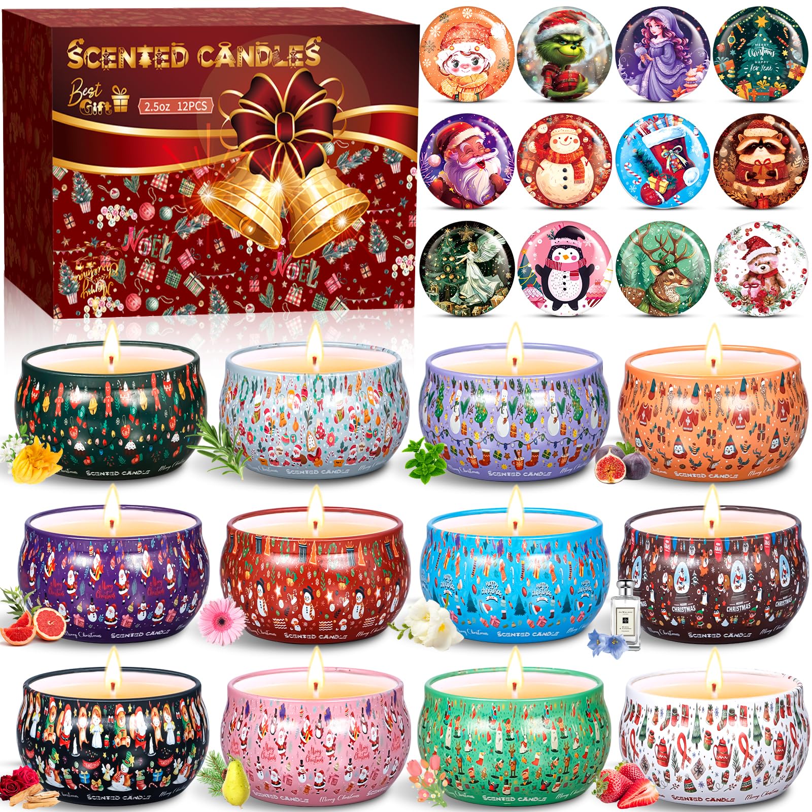 12 Piezas Velas Perfumadas Navideñas, Velas Aromáticas, Velas de Navidad, 2.5 Oz Vela Aromática, Set Velas Aromaticas Regalo, Para Cumpleaños Navidad Día de San Valentín
