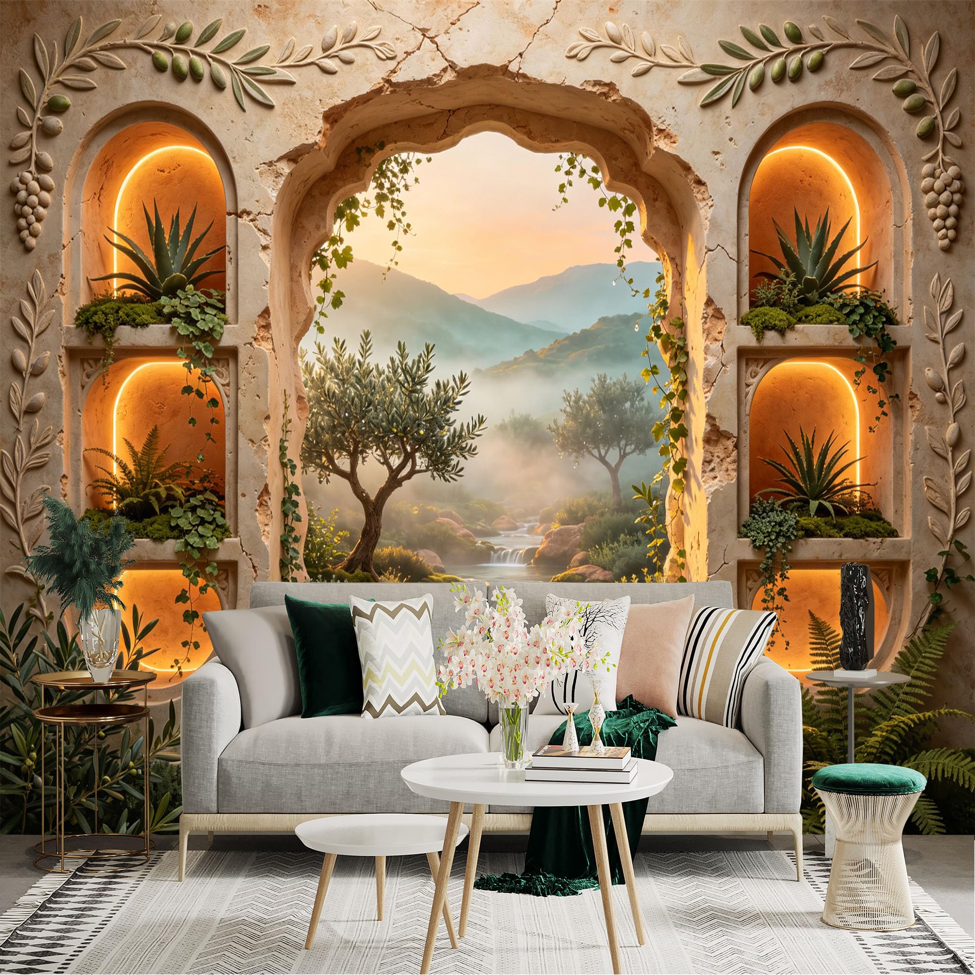 Custom Size Wall Sticker Mural， Mediterranean Window View with Olive Trees， River and Sunset Mountains， for wall Decoration， peelandstick wall Decals.