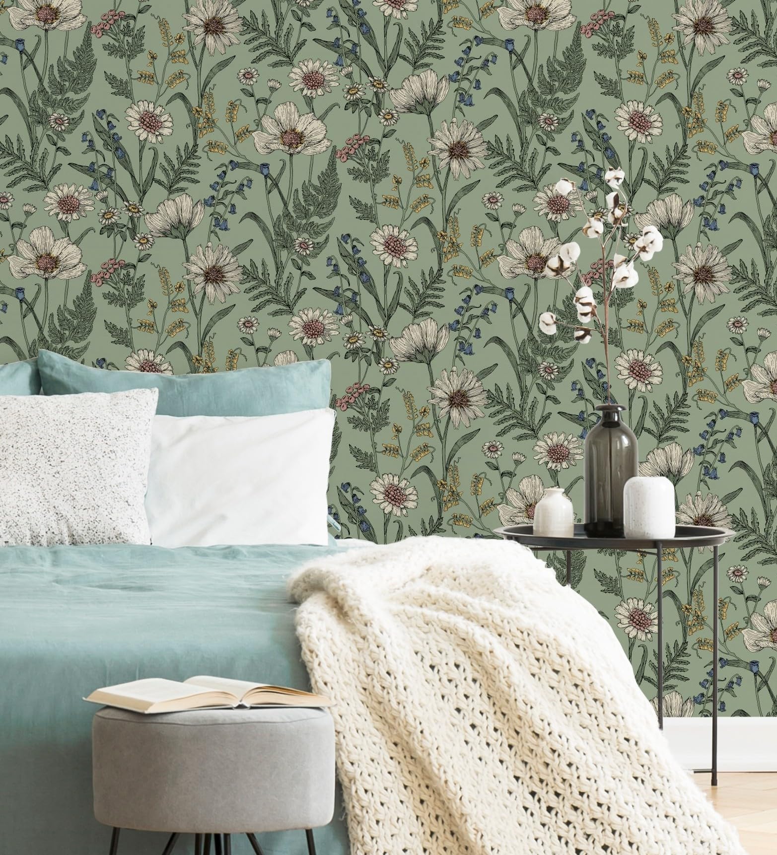 GAULAN 682381 - Papel pintado vinílico de flores silvestres con margaritas y amapolas fondo verde para pared salón cocina baño dormitorio pasillo - Rollo de 10 m x 0,52 m