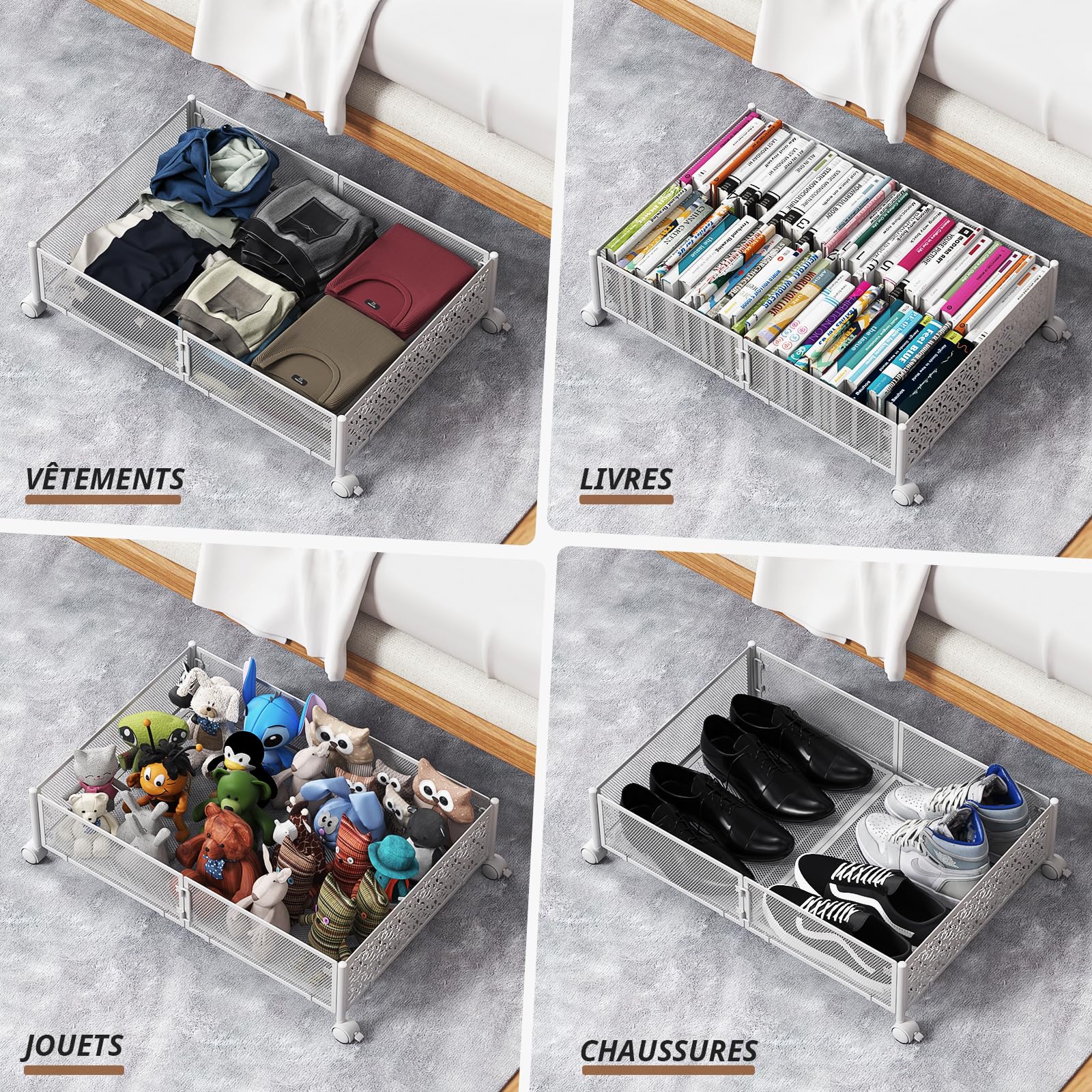 Lot de 2 Boîtes de Rangement sous le Lit avec Roulettes,en Métal,Blanc | Montage sans outil,glisse en douceur,accès facile,pour les lits bas-garde les vêtements,chaussures et chaussettes au frais