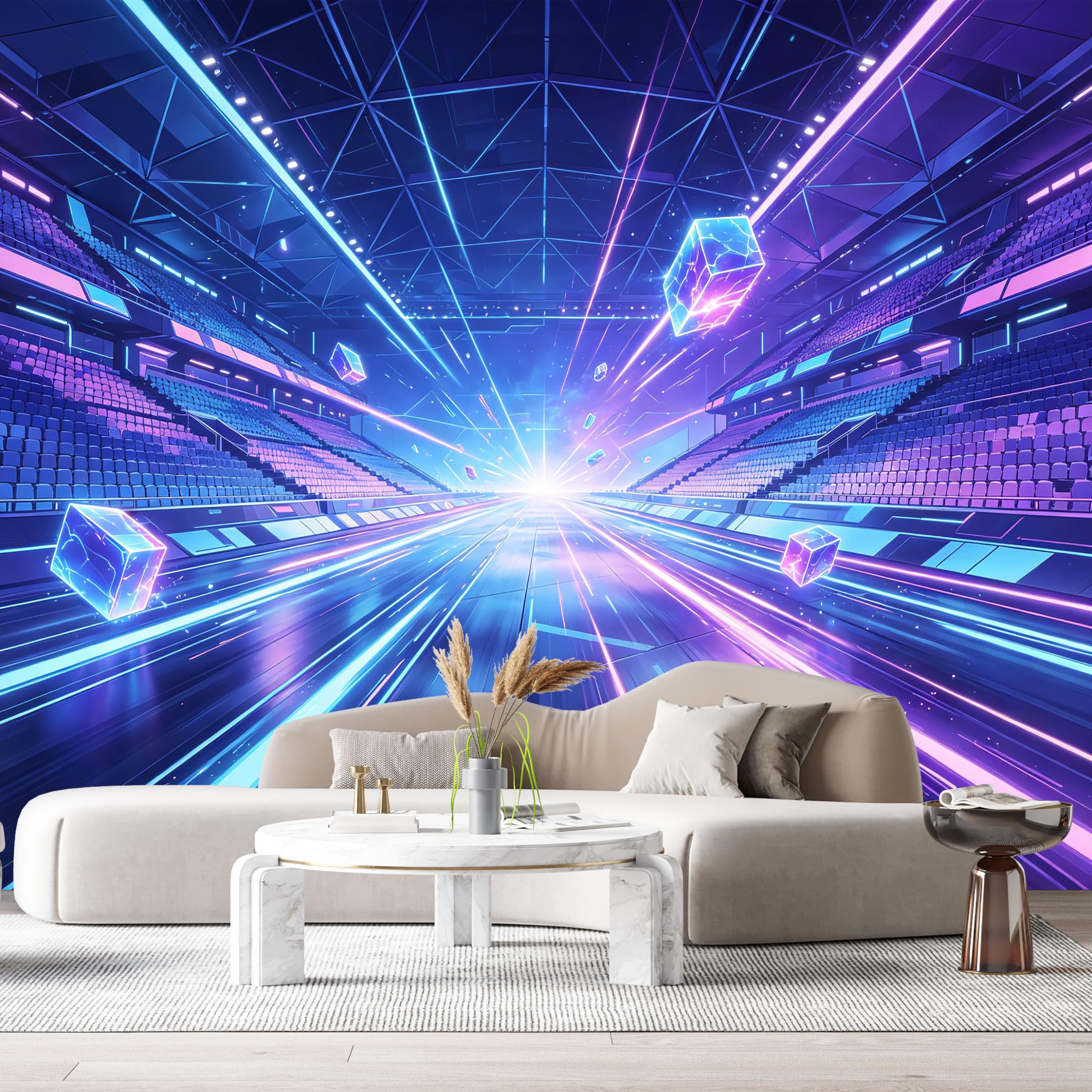 Custom Size Wall Murals Futuristic Cyber Stadium Neon Light Geometric Cube Modern Abstract SelfAdhesive Wall Fabric Removable Large Wallpaper for Photo Living Room