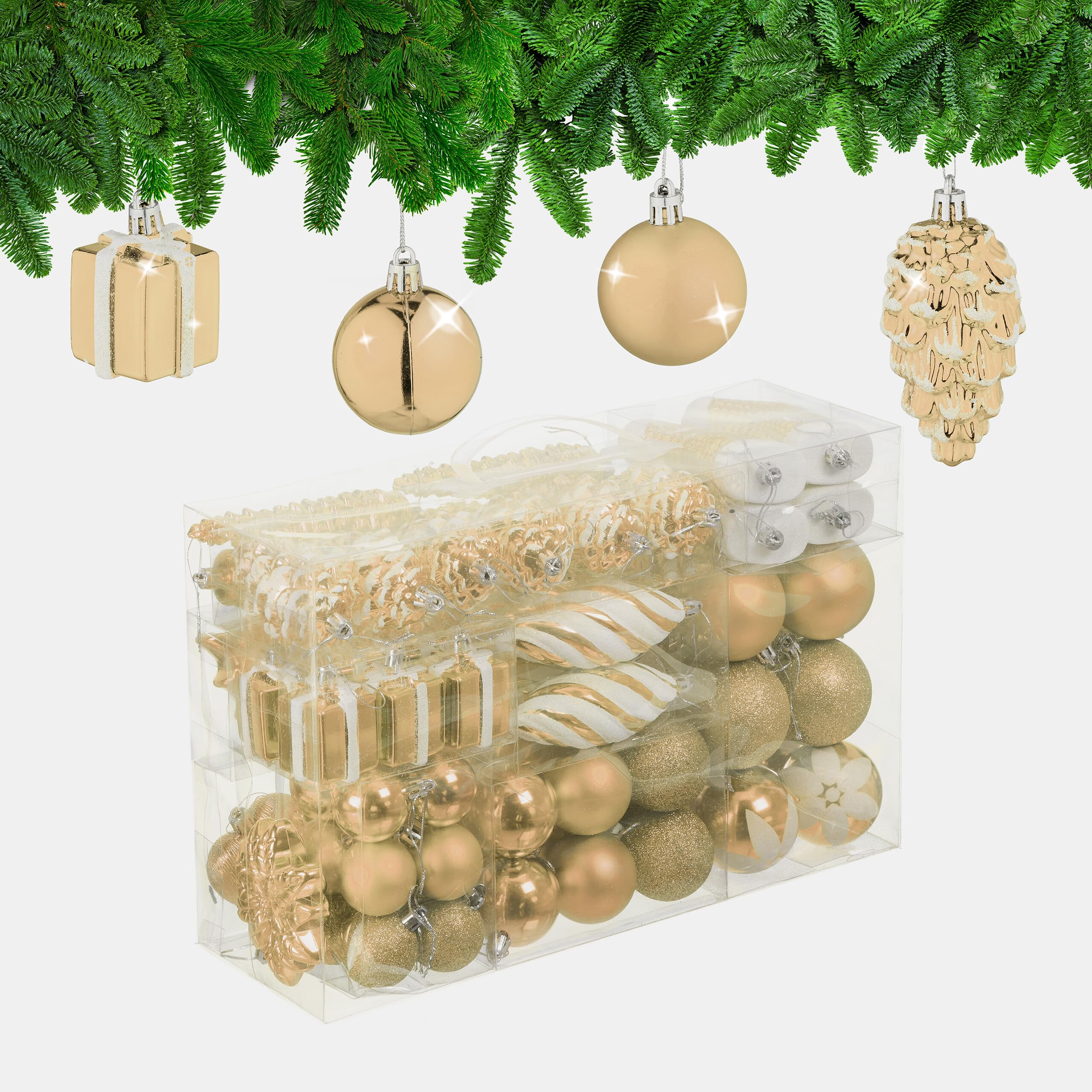 Relaxdays Christmas Ornaments, Set of 72, Glittering, Tree Decorations, Baubles & Cones, Plastic, Hearts, Champagne