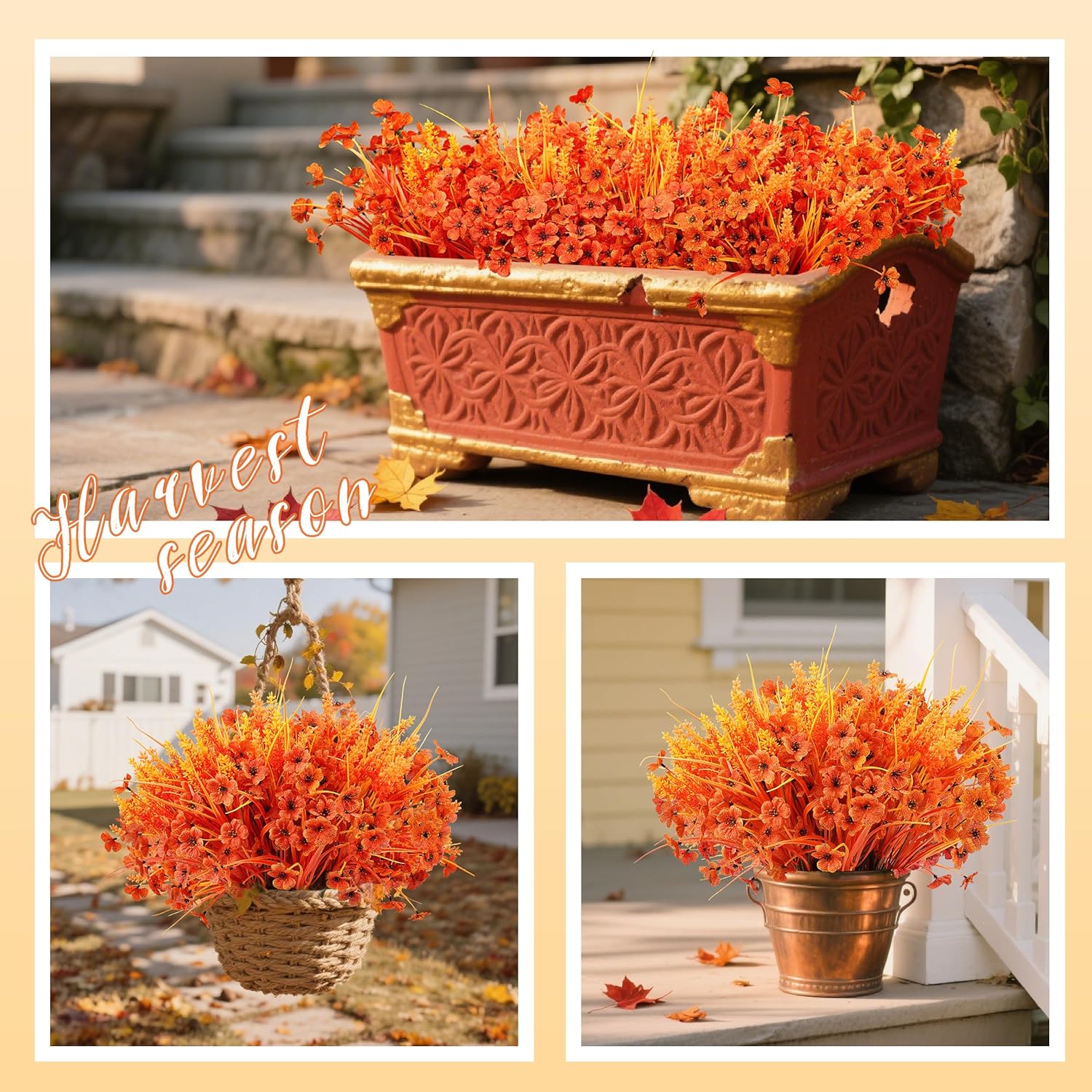Der Rose 24 Bundles Fall Mums Artificial Flowers for Outdoor Fake Flowers Plants UV Resistant for Home Garden Porch Window Wedding Decor(Orange) - Image 2