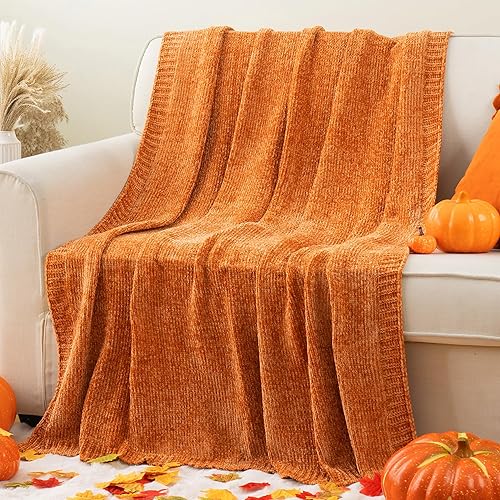 BATTILO HOME Manta de felpilla naranja para decoración de otoño, manta de punto suave, acogedora y acogedora color calabaza, para todas las