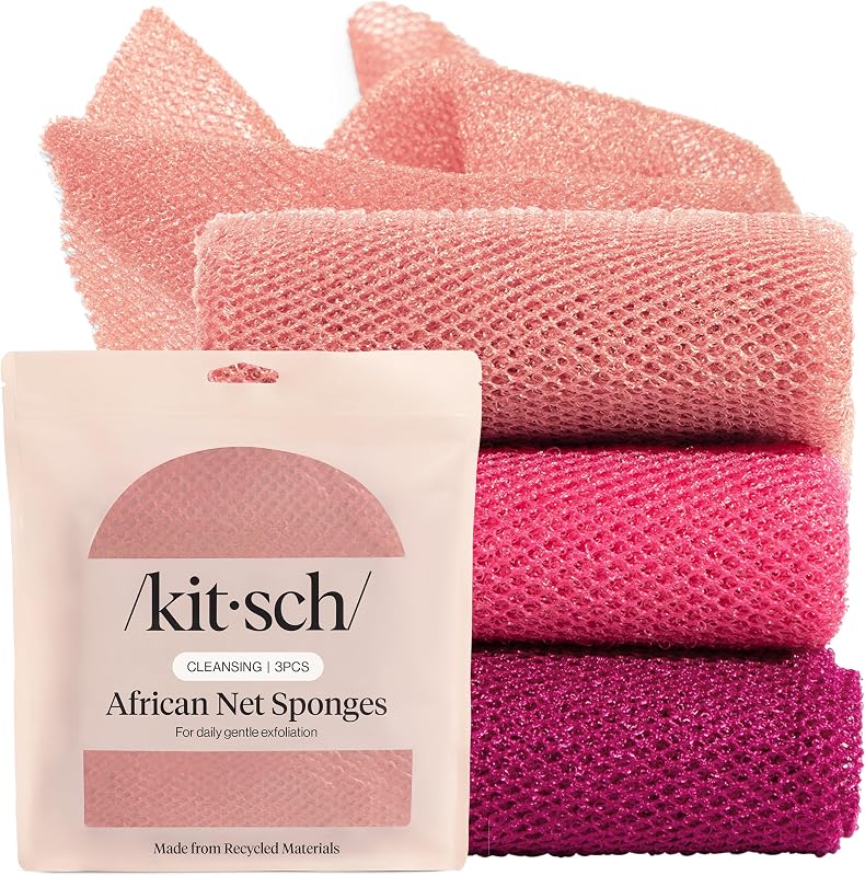 Esponja de red africana – Exfoliante corporal – Rosa baya, 3 piezas | para limpieza y exfoliación diaria suave – Esponja de baño elástica para áreas difíciles de alcanzar – Esencial para la ducha de larga duración