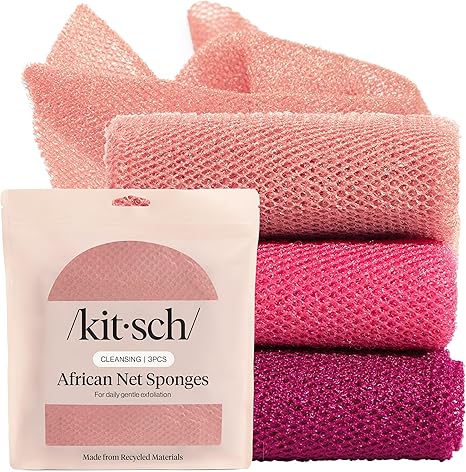 Kitsch African Net Sponge – Exfoliating Body Scrubber for Cleansing & Gentle Daily Exfoliation – Stretchable Bath Sponge for Hard-to-Reach Areas, Long-Lasting Shower Essential - Berry Pink, 3 Pcs