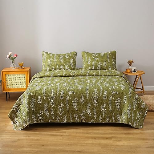 Juego de edredón de 3 con estampado botánico, colcha de microfibra de 1400 hilos para todas las estaciones, ligera y súper suave con fundas de