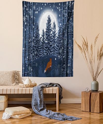 Lunarable Tapiz de invierno, animal de zorro salvaje en el bosque nocturno con luna llena y nieve, decoración de tela para colgar en la pared para
