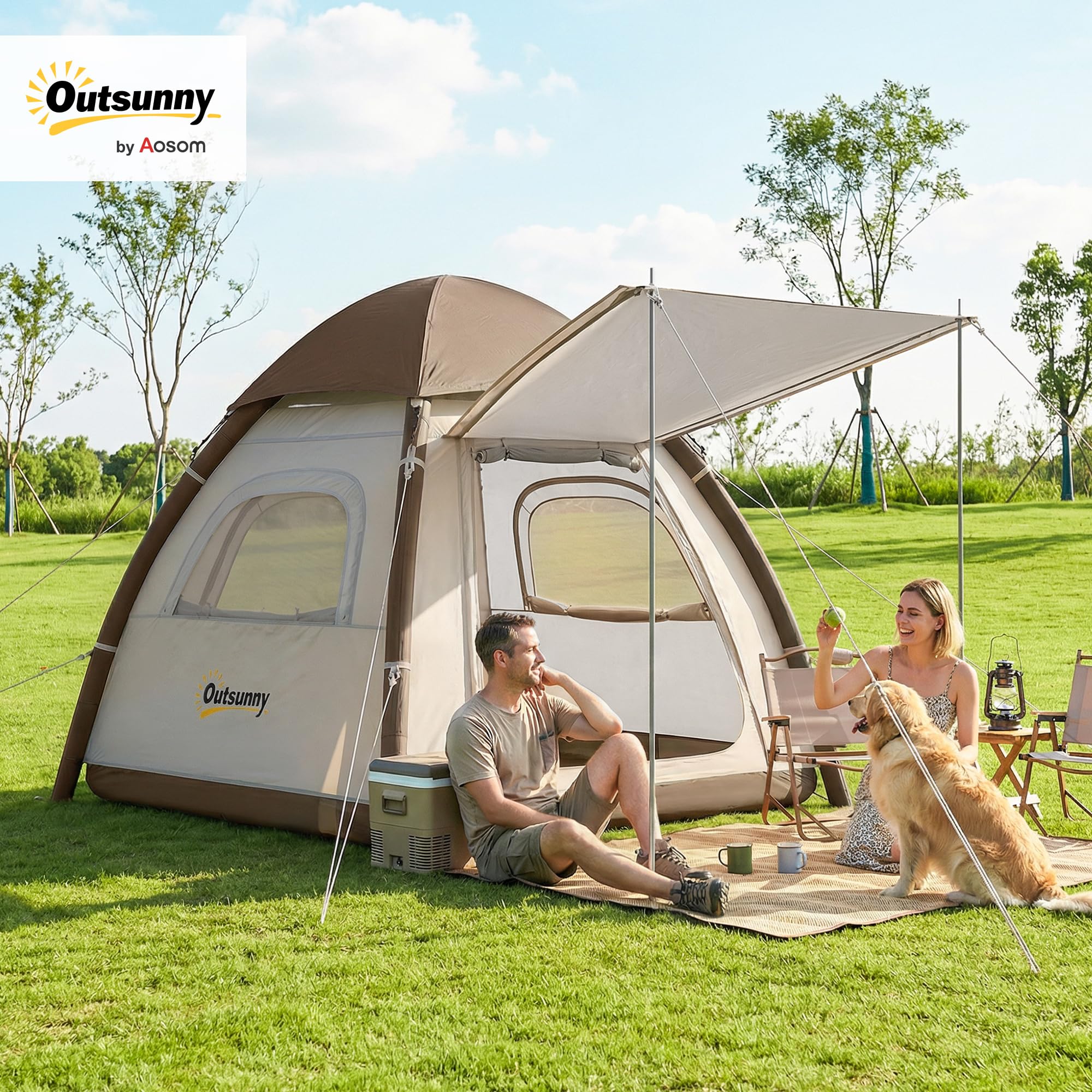 Outsunny Tienda de Campaña Inflable con Mosquitera para 3–4 Personas | Tienda de Campaña con Vestíbulo, Bomba, UPF30+, Puertas, Bolsa Transporte, Montaje Rápido, Cubierta Impermeable 3000 mm