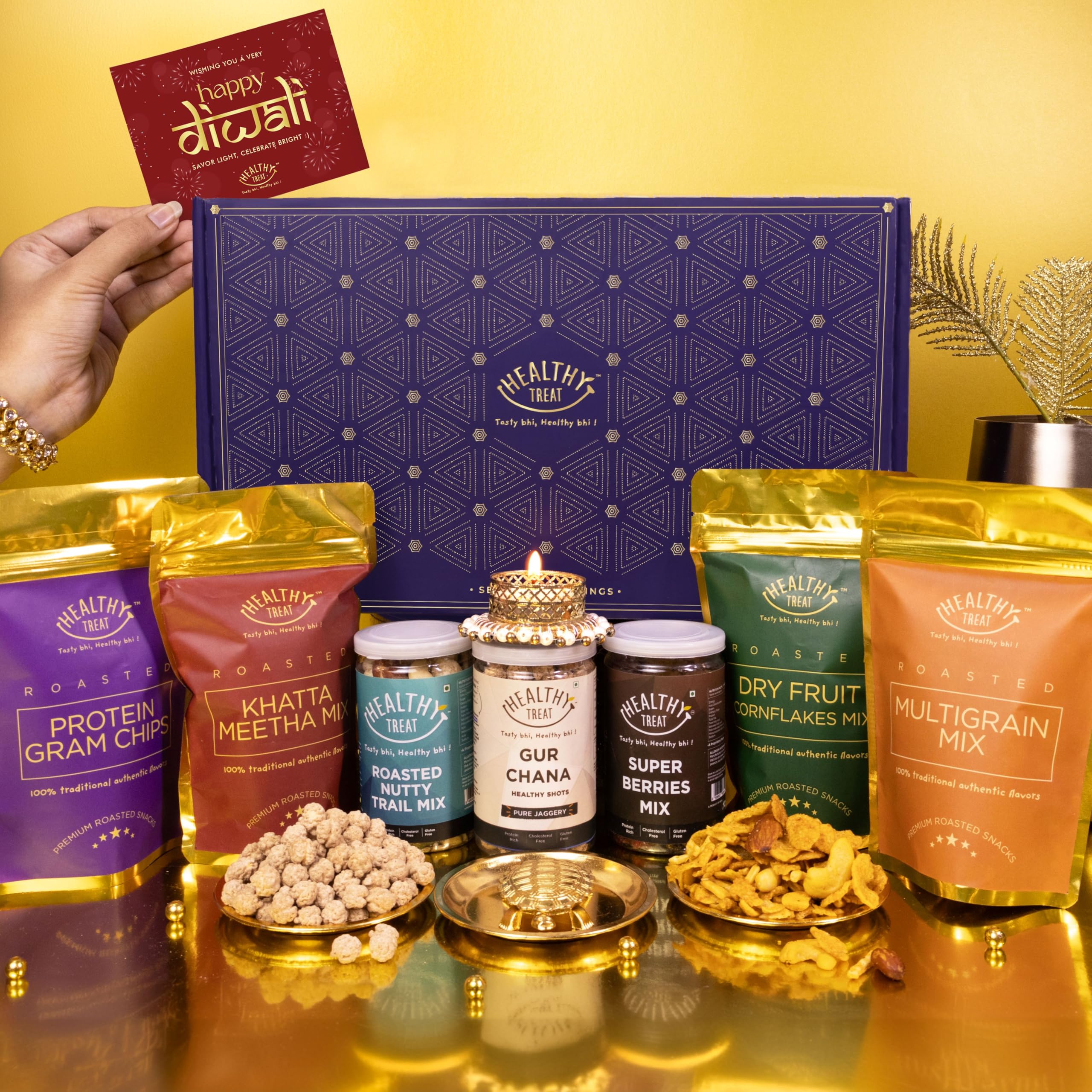 Healthy Treat Diwali Signature Gift Hamper | Roasted Snacks Gift Box with Vastu Turtle, and Brass Diya | Festival Gift Hamper | Birthday, Anniversary Gift Hamper | Wedding Gift Hamper | Healthy Gourmet Hamper | Premium Gift Hamper-image-25