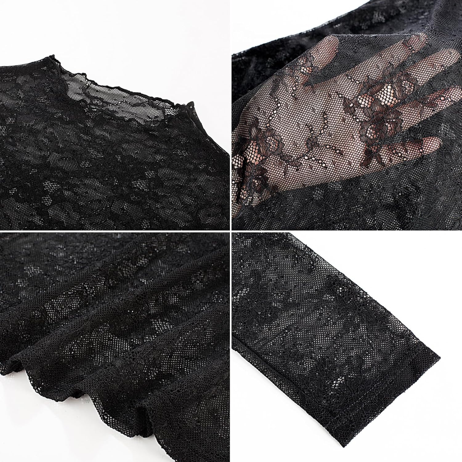 Kate Kasin Lace Tops for Women, Sexy Mesh Long Sleeve Sheer Shirts, Slim Fitted See Through Lace Blouses - Image 4
