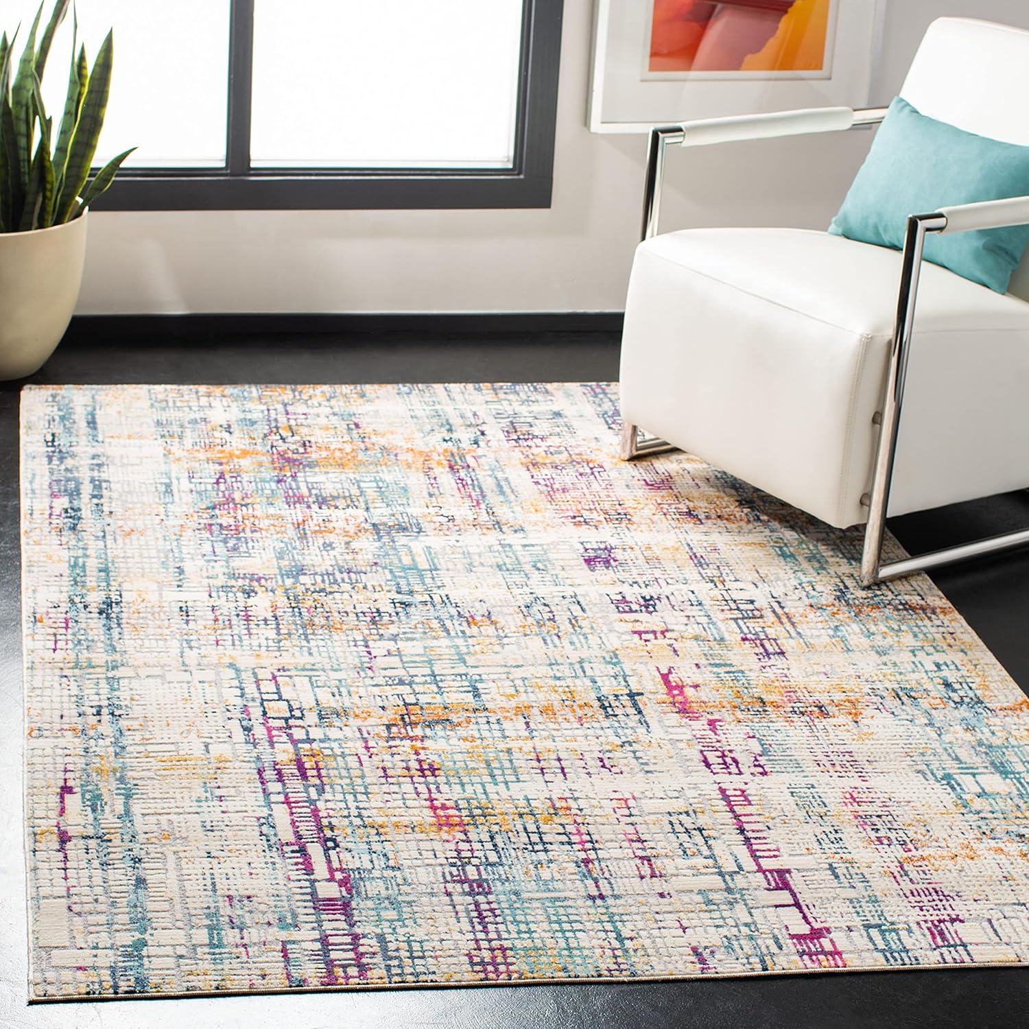SAFAVIEH Aria Collection Runner Rug - 2' x 8', Ivory & Turquoise, Modern Boho Abstract Design, Non-Shedding & Easy Care, Ideal for High Traffic Areas in Living Room, Bedroom (ARA720A)