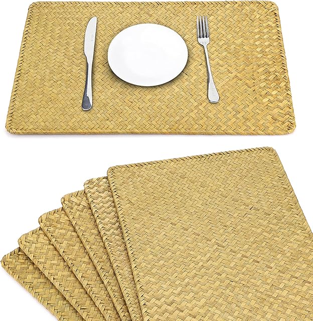 BSTKEY Pack of 6 Natural Seagrass Rattan Placemats Coaster Set, Woven Table Mat Kitchen Place Mat Coffee Pad Cup Placemat for Countertop, Rectangular 17" x 11.8" (Light Yellow)