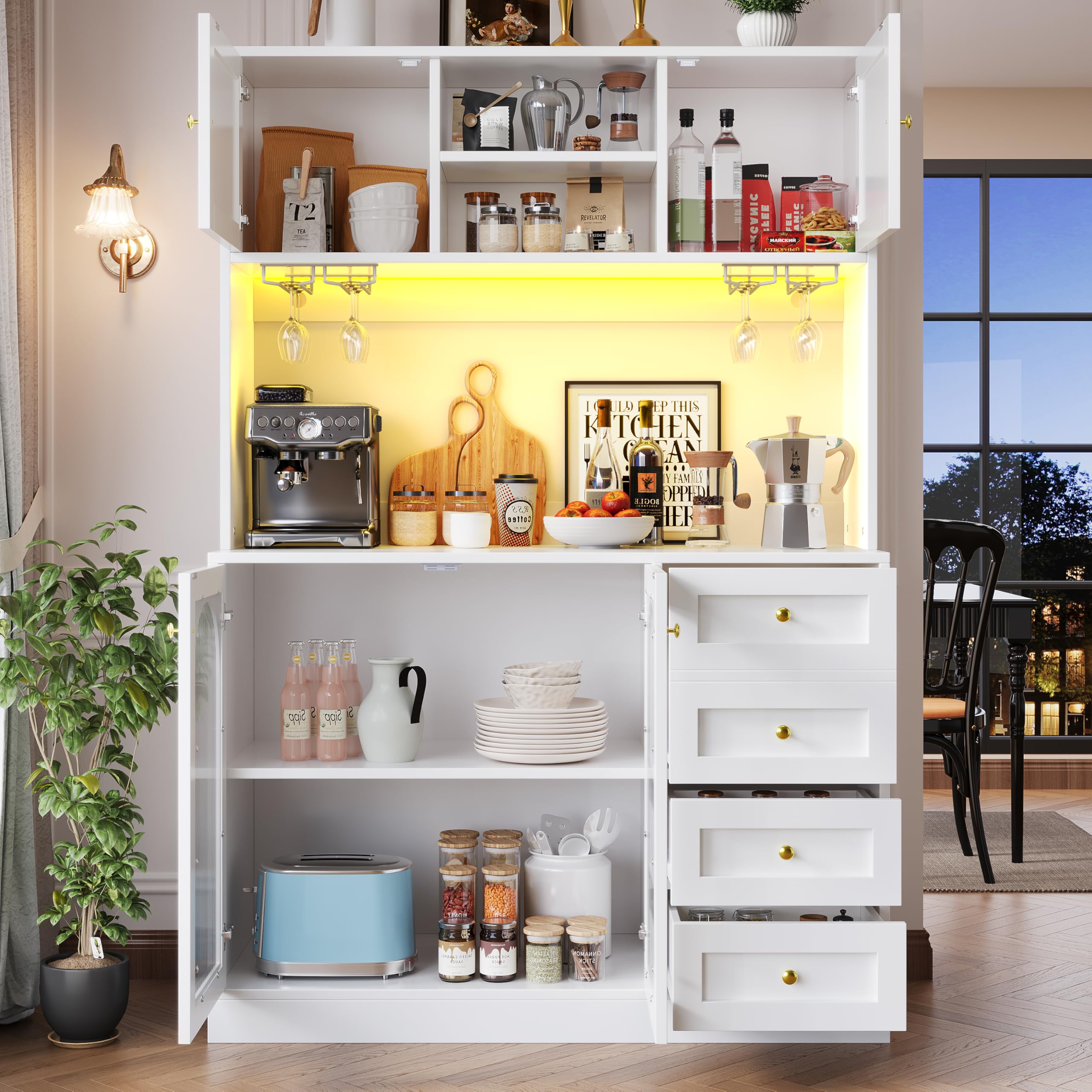 DRIXNO Küchenschrank, Aufbewahrungsschrank, Buffetschrank mit LED-Beleuchtung, Esszimmerschrank mit Getränkehaltern, 4 Türen, Sideboard für Küche Wohnzimmer Esszimmer, 120x40x188 cm, Weiß