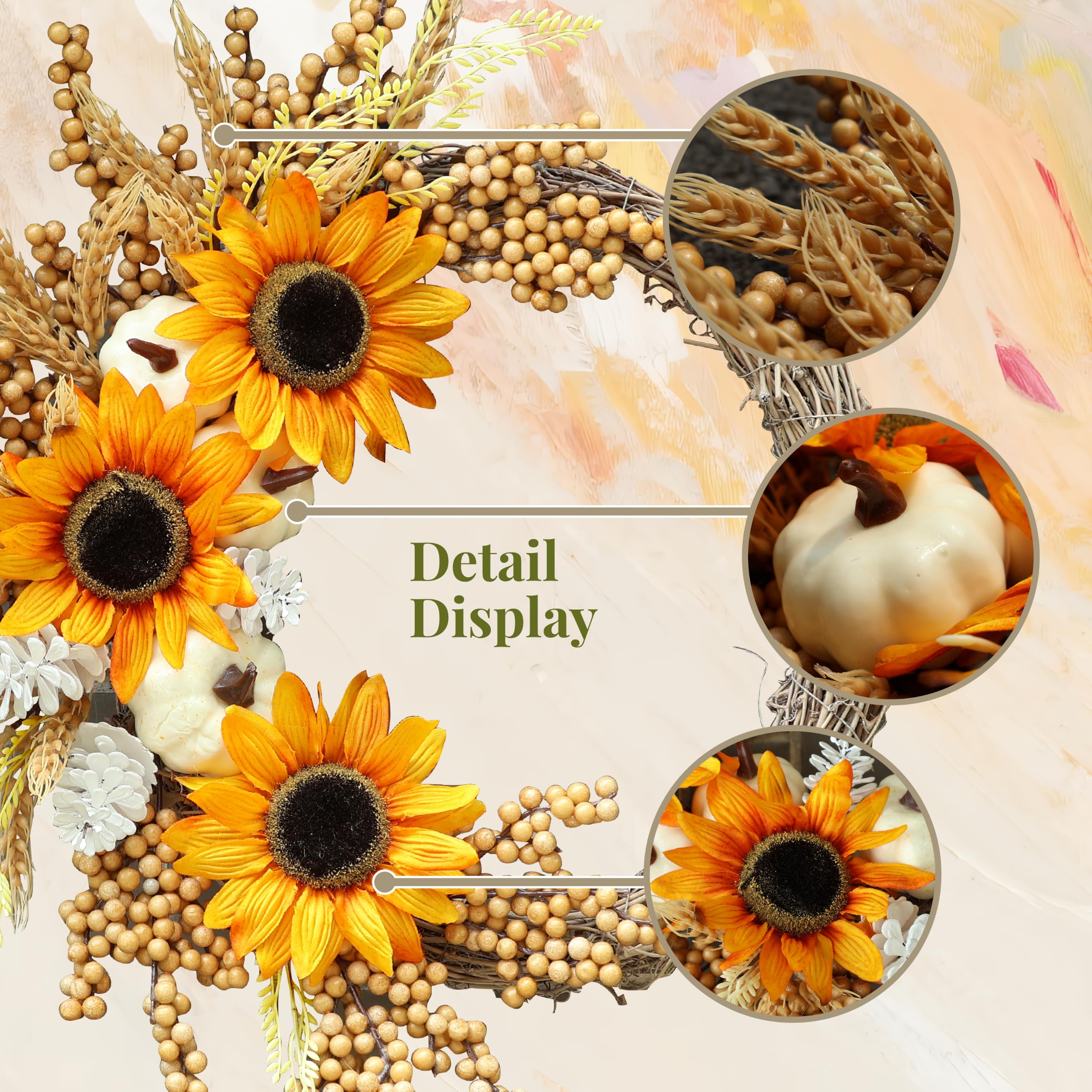 Couronne d'automne de tournesol de 50,8 cm pour porte d'entrée avec | Couronne d'automne artificielle avec pommes de pin pour Thanksgiving, récolte, Halloween, fenêtre, maison, mur, ferme