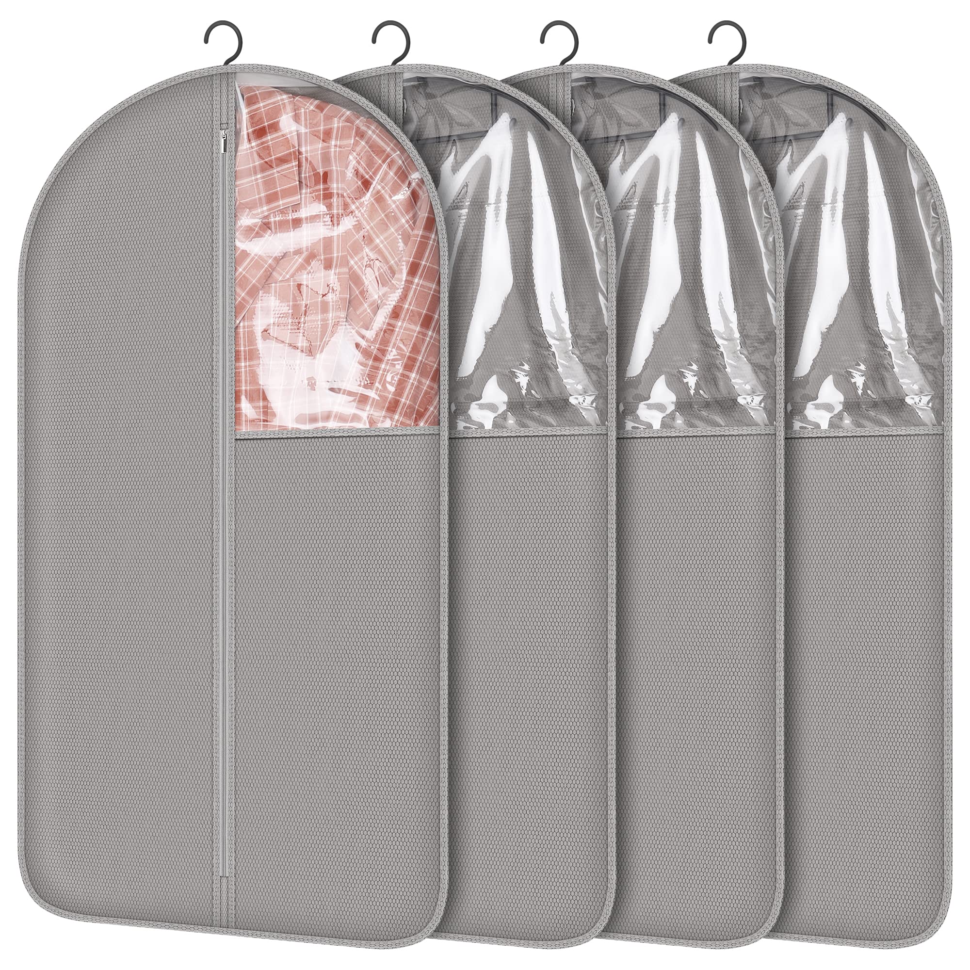 HuggieGems 4 Pack 43’’ Gray Garment Bags for Hanging Clothes Storage Travel, Clear Dress Bags for Gowns Long, Suit Bags for Closet Storage