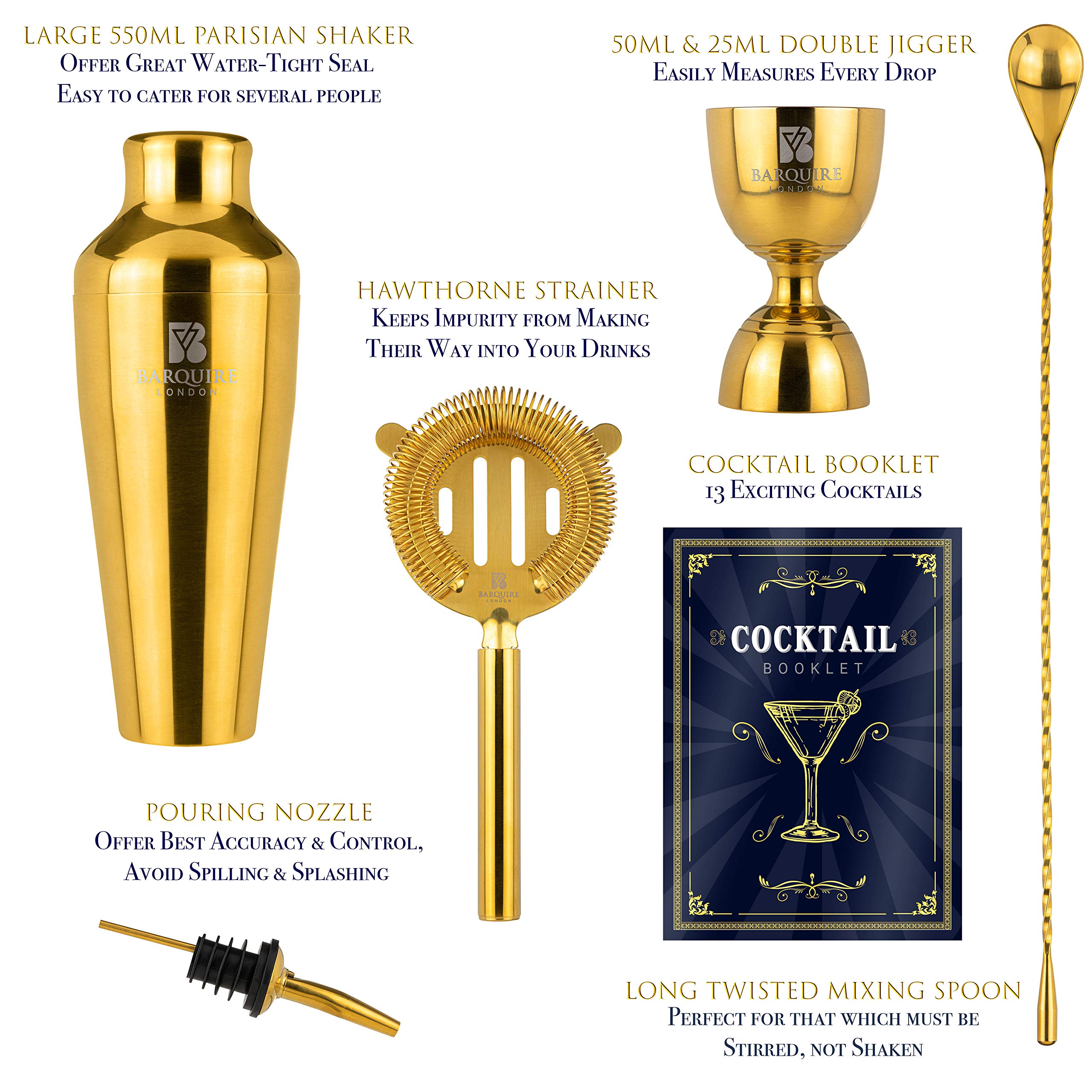 HEARTH & HARBOR 8 Piece Gold Stainless Steel Bartender Kit, Bar Cocktail Shaker Set, 24 Oz. Shaker, Book, Muddler, Jigger And Strainer JT BS 8 GD - View #3