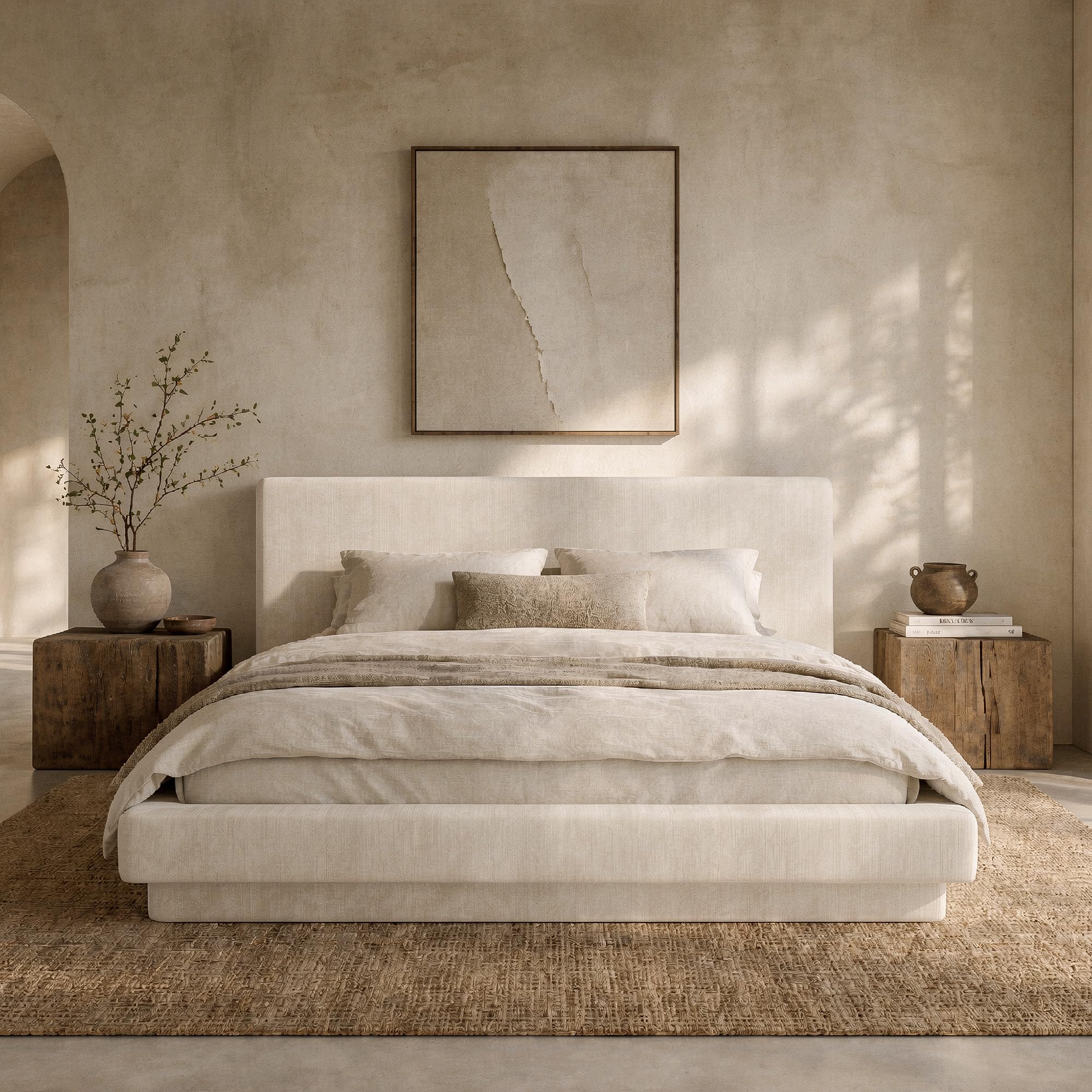 Recci Soft King Bed frame with Headboard, Fully Cushioned Beige Platform Bed, No Box Spring, 5-mins Assembly (King (U.K. Standard))