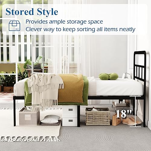 Miniatura 4 de Marcos de cama individual con cabecera de 18 pulgadas, plataforma metálica, base de colchón de listones de acero resistente, no requiere somier, de