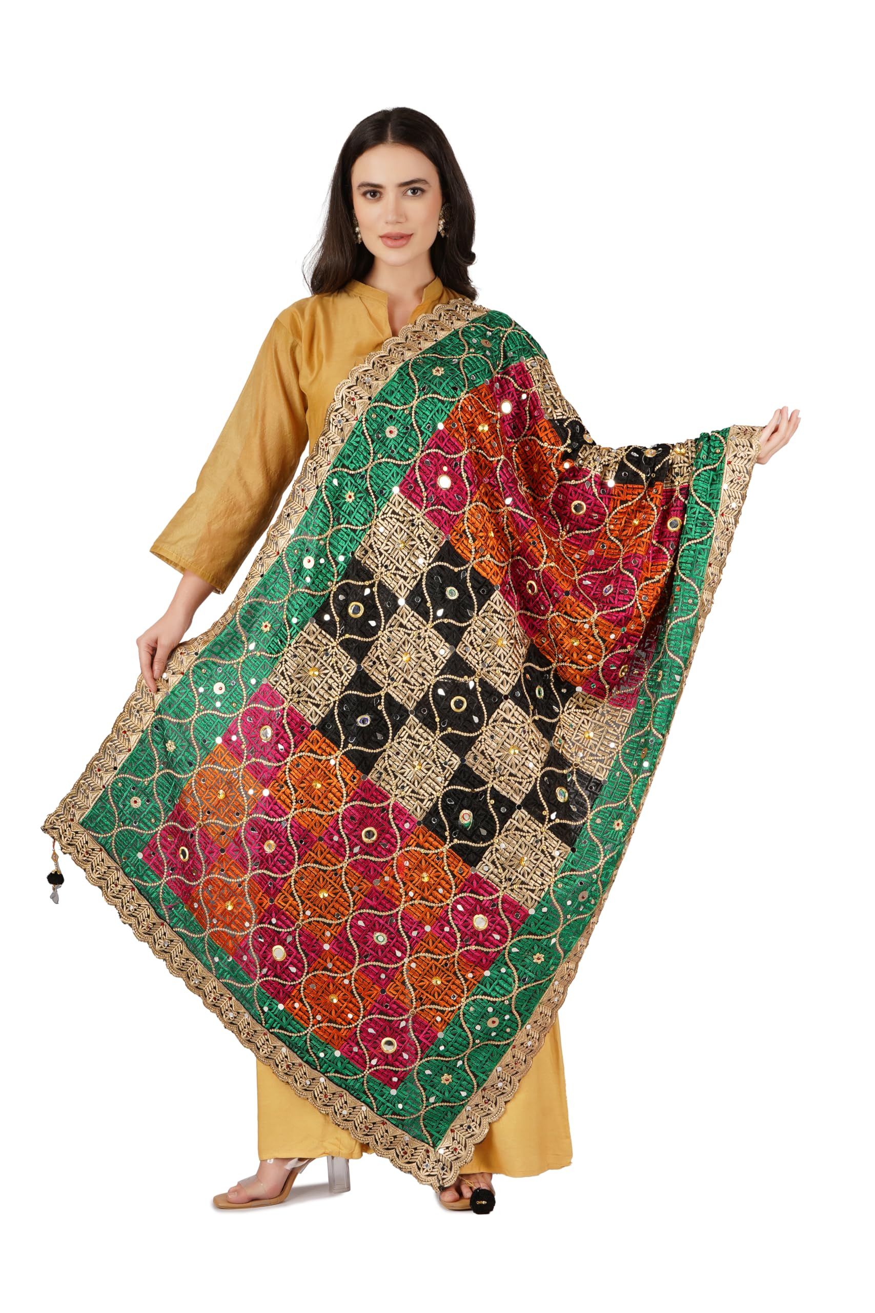 A R Silk DUPATTA HUB Chinnon Heavy Mirror Work,Fancy Lace and Fancy Latkan Phulkari,Designer and Weeding Multicolour Fancy Dupatta(ARS01140)-image-13