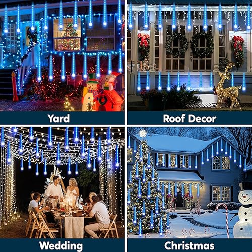 Miniatura 7 de JOYIN Luces de Navidad para exteriores, 8 tubos de luces de lluvia de meteoritos azules, 192 LED, luz de lluvia en cascada de carámbano de nieve