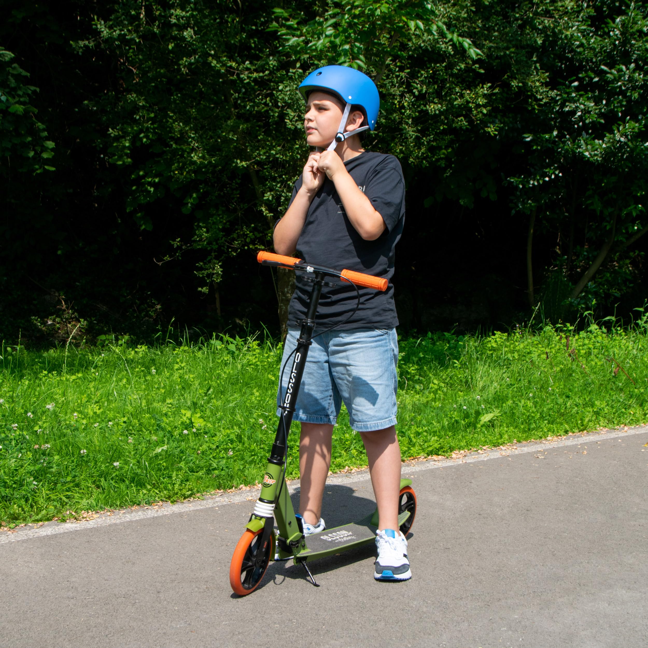 OLSSON Patinete Scooter Cheer -Rodamientos ABEC 9, Manillar con Altura Regulable (90-104CM), Plegable, puños de Silicona TPR BMX, suspensión Delantera, posapié, Ruedas de 200MM PU,homologado