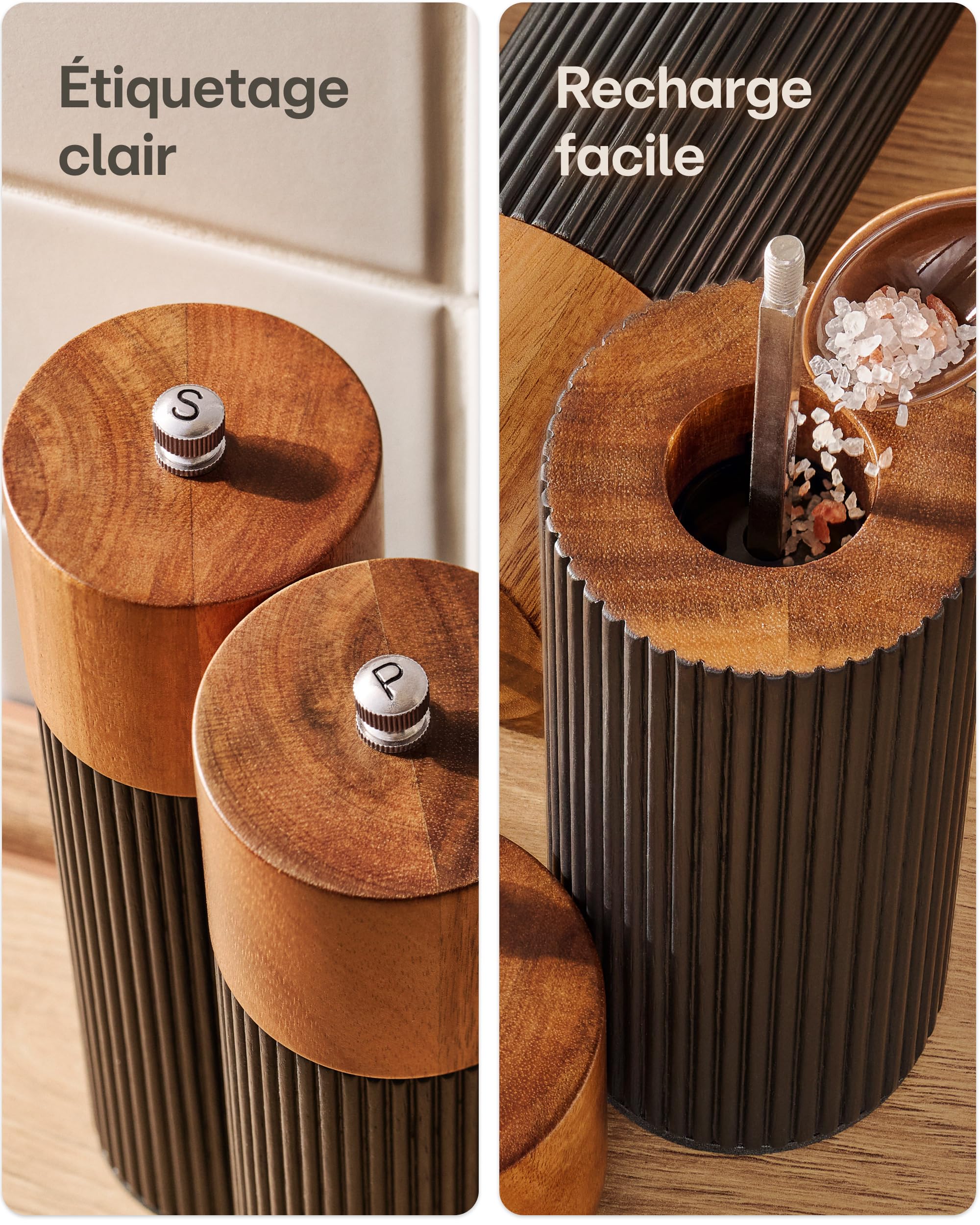 Moulin à Poivre et Sel Manuel en Bois d'Acacia FSC® avec Mécanisme Céramique Réglable Noir Petit