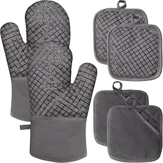 Jizvxe 4-Piece Oven Mitts & Pot Holders Set - 500°F Heat Resistant, Silicone Non-Slip Grip, Thick Cotton, Long Grey Gloves for Cooking Baking Grilling