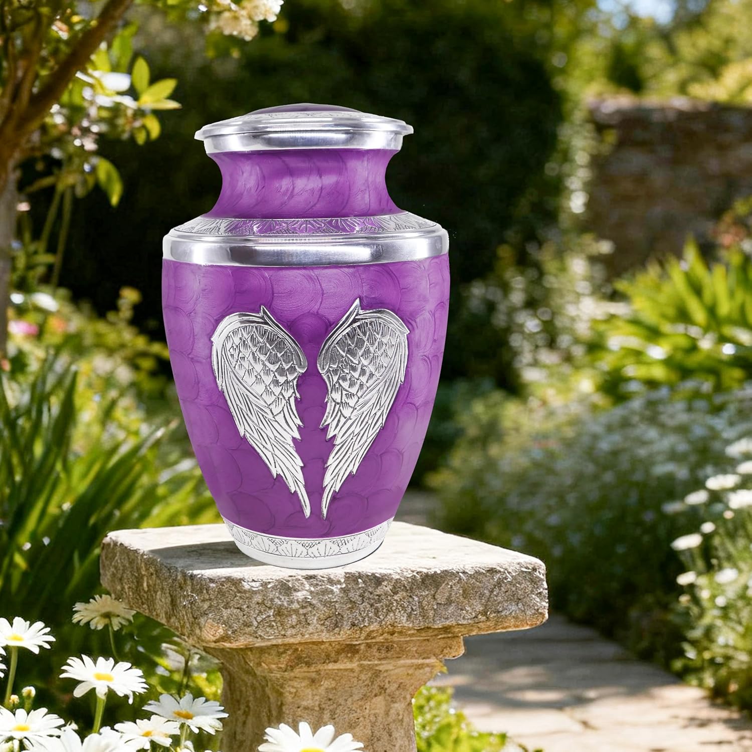 M MEILINXU Urn for Ashes for Woman & Male, Cremation Urns for Human Ashes Adult Female & Man, Burial Urns, Decorative Urns for Funeral, Silver Engraved Angel Wings, Purple Urns for Woman - Large - Image 6