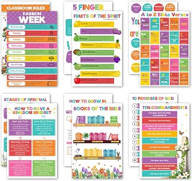 Jinniee Set 12 Pcs Bible Posters for Kids, 11X17in Books of the Bible Poster, 10 Commandments, Fruits of the Spirit, Sunday School Decorations for Classroom